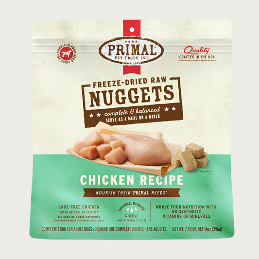 Primal chicken recipe freeze-dried raw dog food for adult dogs, in a 14 ounce bag. 
