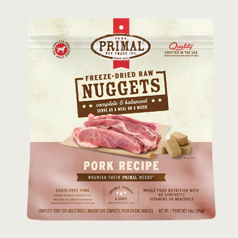 Primal pork recipe freeze-dried raw dog food for adult dogs, in a 14 ounce bag. 