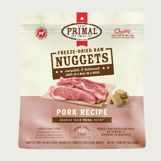 Primal pork recipe freeze-dried raw dog food for adult dogs, in a 14 ounce bag. 