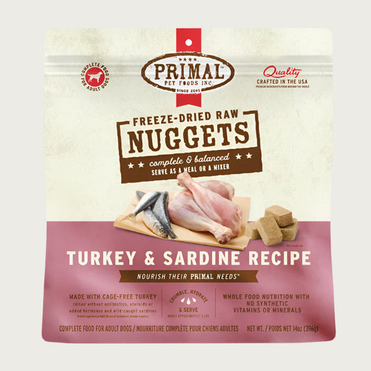 Primal turkey and sardine recipe freeze-dried raw dog food for adult dogs, in a 14 ounce bag. 
