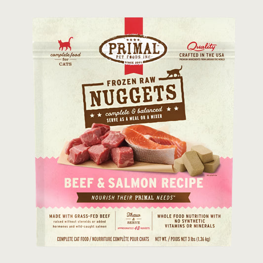 Primal beef and salmon recipe frozen raw cat food nuggets for cats of all life stages, in a 3 pound bag.
