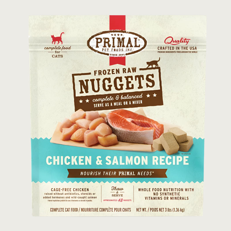 Primal chicken and salmon recipe frozen raw cat food nuggets for cats of all life stages, in a 3 pound bag.