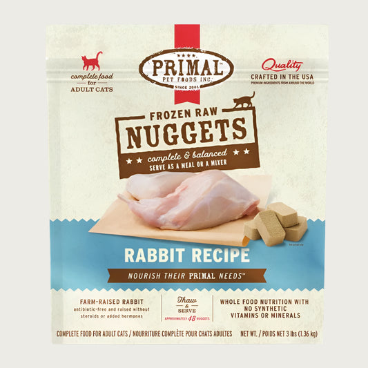 Primal rabbit recipe frozen raw cat food nuggets for adult cats, in a 3 pound bag.