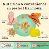 A graphic image with the headline "Nutrition & convenience in perfect harmony." It highlights key ingredients (with small photos) along with their preparation process: Chicken-Raw, Produce-Air Dried, Oil-Cold Pressed, and Sorghum-Steamed. A small photo of the finished bite-sized bits is at the center. Underneath that main graphic, the overall process is briefly explained (found in Product Details).