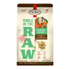 A 9 pound bag of chicken recipe Kibble in the Raw dog food from Primal Pet Foods. Text on bag reads "Kibble sized bites made with freeze-dried raw chicken" and "Serve like kibble. Nourish like raw." There is an image of fresh produce with a raw chicken breast, and a smaller image of the bite-sized morsels that are in the bag.