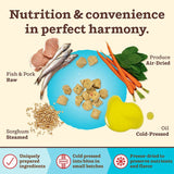 A graphic image with the headline "Nutrition & convenience in perfect harmony." It highlights key ingredients (with small photos) along with their preparation process: Fish & Pork-Raw, Produce-Air Dried, Oil-Cold Pressed, and Sorghum-Steamed. A small photo of the finished bite-sized bits is at the center. Underneath that main graphic, the overall process is briefly explained (found in Product Details).