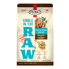 A 9 pound bag of fish & pork recipe Kibble in the Raw dog food from Primal Pet Foods. Text on bag reads "Kibble sized bites made with freeze-dried raw fish & pork" and "Serve like kibble. Nourish like raw." There is an image of fresh produce with raw pork chops and whole fish, and a smaller image of the bite-sized morsels that are in the bag.