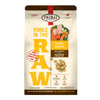 A 9 pound bag of puppy recipe Kibble in the Raw dog food from Primal Pet Foods. Text on bag reads "Kibble sized bites made with freeze-dried raw chicken & pork" and "Serve like kibble. Nourish like raw." There is an image of fresh produce with a raw chicken breast and pork chop, and a smaller image of the bite-sized morsels that are in the bag.