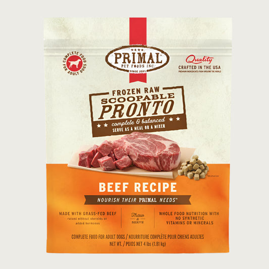 Primal Pronto beef recipe scoopable frozen raw dog food for adult dogs, in a 4 pound bag. 
