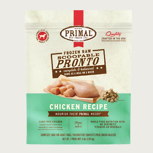 Primal Pronto chicken recipe scoopable frozen raw dog food for adult dogs, in a 4 pound bag. 