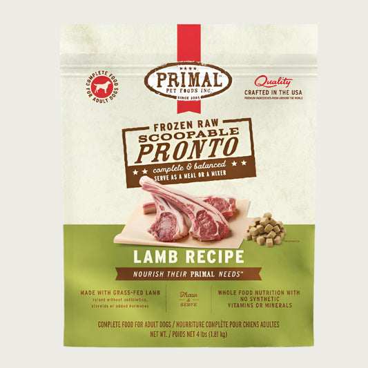 Primal Pronto lamb recipe scoopable frozen raw dog food for adult dogs, in a 4 pound bag. 