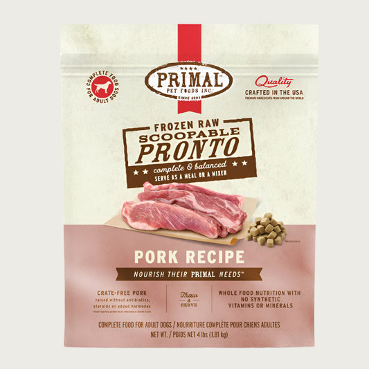 Primal Pronto pork recipe scoopable frozen raw dog food for adult dogs, in a 4 pound bag. 
