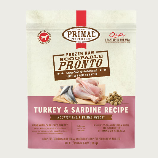 Primal Pronto turkey and sardine recipe scoopable frozen raw dog food for adult dogs, in a 4 pound bag. 