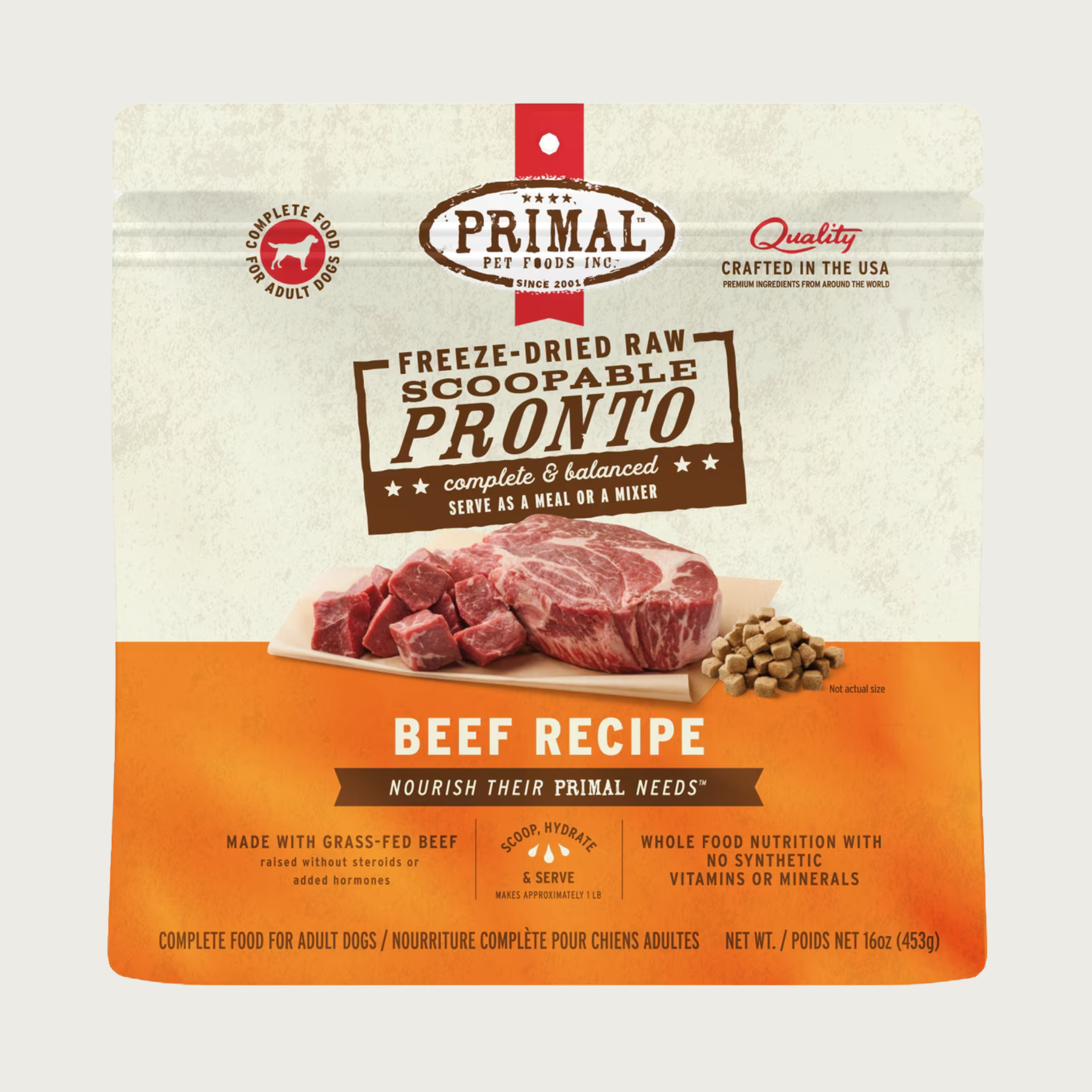 Primal freeze-dried raw scoopable Pronto dog food lamb recipe for adult dogs in a 16 ounce bag. Complete & balanced, serve as a meal or a mixer. Crafted in the USA. Made with grass-fed beef raised without steroids or added hormones. Whole food nutrition with no synthetic vitamins or minerals.