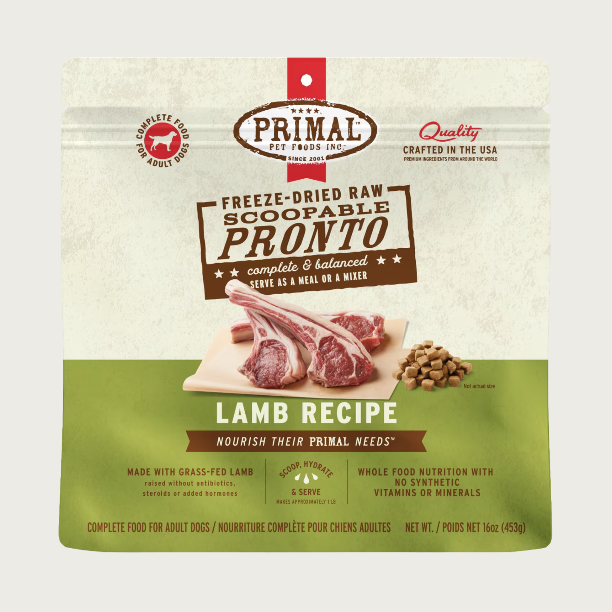 Primal freeze-dried raw scoopable Pronto dog food lamb recipe for adult dogs in a 16 ounce bag. Complete & balanced, serve as a meal or a mixer. Crafted in the USA. Made with grass-fed lamb raised without antibiotics, steroids or added hormones. Whole food nutrition with no synthetic vitamins or minerals.