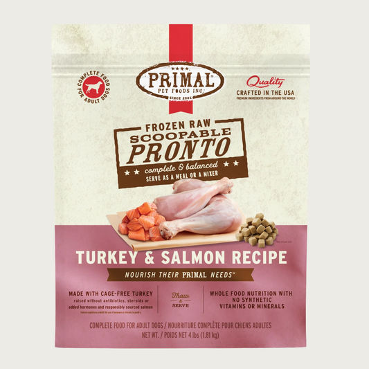 Primal Pronto turkey and salmon recipe scoopable frozen raw dog food for adult dogs, in a 4 pound bag. 