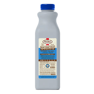 A 32 ounce plastic bottle of frozen Primal raw goat milk blueberry pomegranate recipe for dogs and cats of all life stages, with probiotics for digestive support.