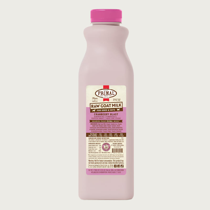 A 32 ounce plastic bottle of frozen Primal raw goat milk cranberry blast recipe for dogs and cats of all life stages, with probiotics for digestive support.