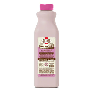 A 32 ounce plastic bottle of frozen Primal raw goat milk cranberry blast recipe for dogs and cats of all life stages, with probiotics for digestive support.