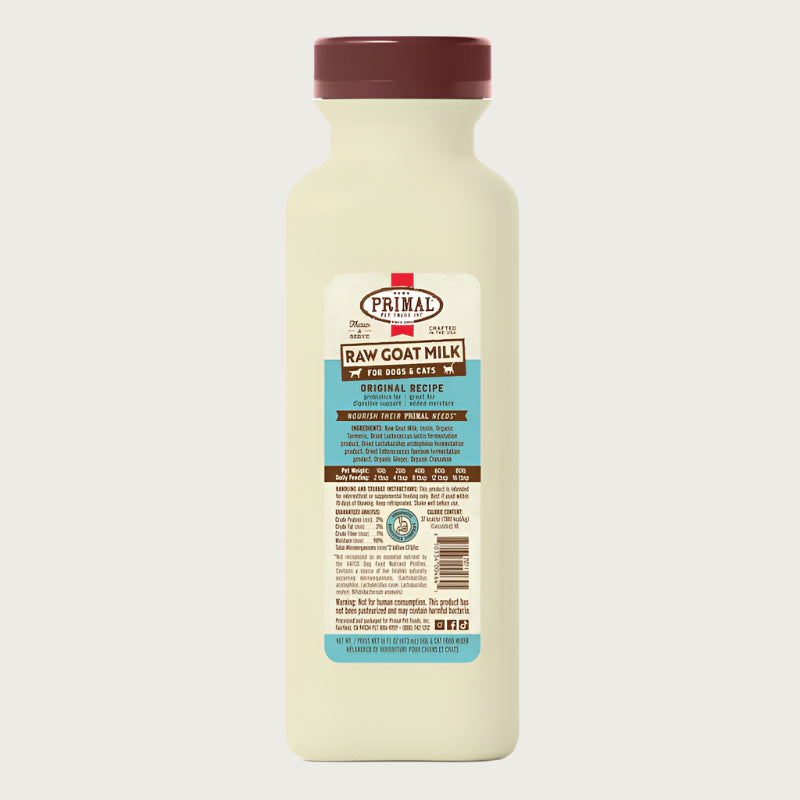 A 16 ounce plastic bottle of frozen Primal raw goat milk original recipe for dogs and cats of all life stages, with probiotics for digestive support.
