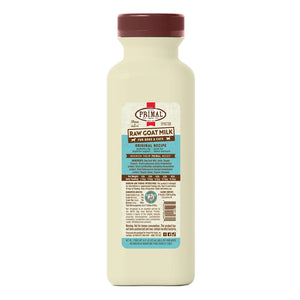 A 16 ounce plastic bottle of frozen Primal raw goat milk original recipe for dogs and cats of all life stages, with probiotics for digestive support.