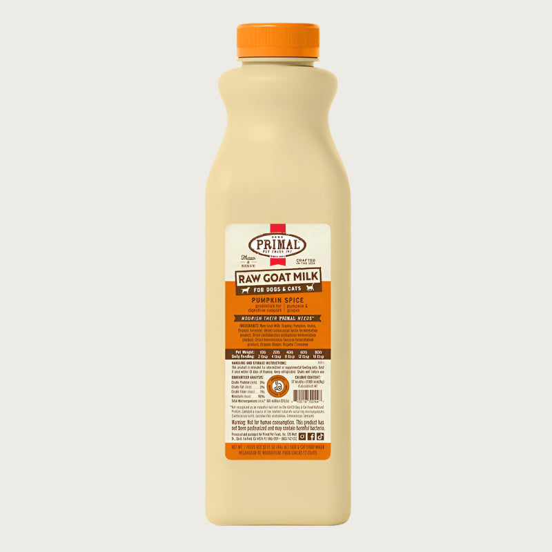 A 32 ounce plastic bottle of frozen Primal raw goat milk pumpkin spice recipe for dogs and cats of all life stages, with probiotics for digestive support.