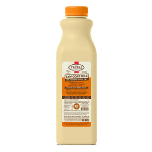 A 32 ounce plastic bottle of frozen Primal raw goat milk pumpkin spice recipe for dogs and cats of all life stages, with probiotics for digestive support.