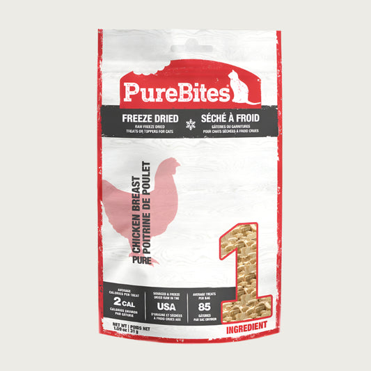 1.09 oz bag of PureBites Freeze Dried Pure Chicken Breast treats for cats. Average treats per bag is 85. Small clear window on bag shows product inside; small, beige pieces.