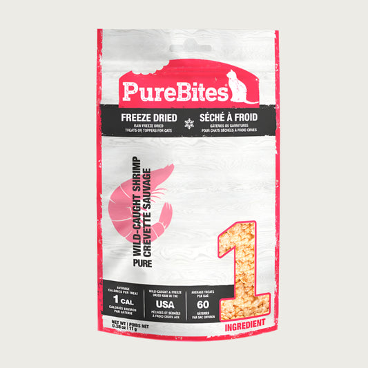0.38 oz bag of PureBites Freeze Dried Pure Wild-Caught Shrimp treats for cats. Average treats per bag is 60. Small clear window on bag shows product inside; small, beige pieces.