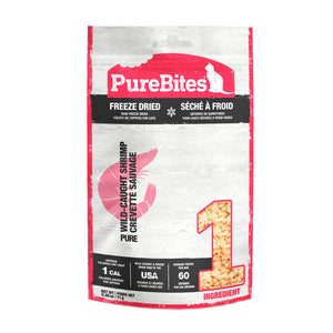 0.38 oz bag of PureBites Freeze Dried Pure Wild-Caught Shrimp treats for cats. Average treats per bag is 60. Small clear window on bag shows product inside; small, beige pieces.