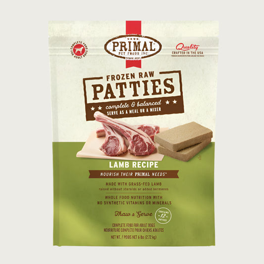 Primal lamb recipe frozen raw dog food patties for adult dogs, in a 6 pound bag.