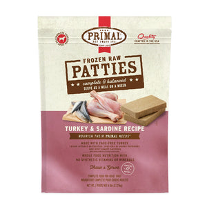 Primal turkey and sardine recipe frozen raw dog food patties for adult dogs, in a 6 pound bag.