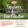 A gray cat running outdoors, with Primal logo and text overlay that says Experience the Transformative Benefits of Raw Nutrition. Superior digestibility, minimally processed to preserve more vital nutrients, healthy skin and coat, smaller and firmer stools, healthy energy and lasting vitality, mealtime excitement.