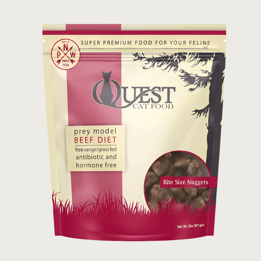 A 2 pound bag of Quest frozen raw cat food, bite size nuggets in the beef recipe. 
