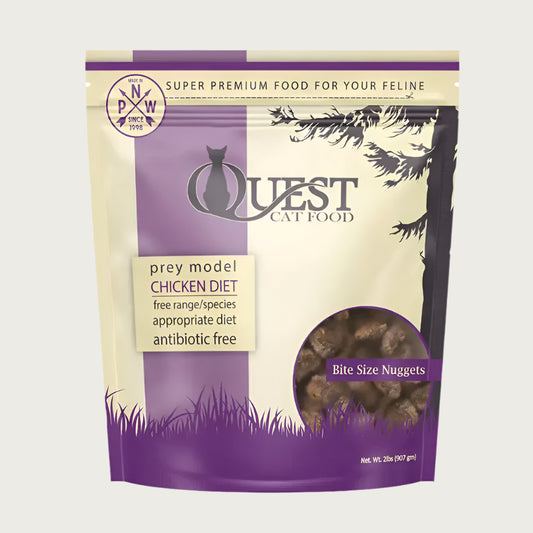 A 2 pound bag of Quest frozen raw cat food, bite size nuggets in the chicken recipe. 