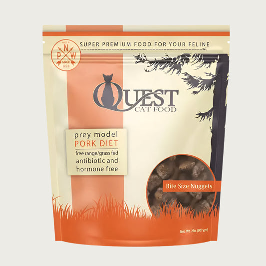 A 2 pound bag of Quest frozen raw cat food, bite size nuggets in the pork recipe. 
