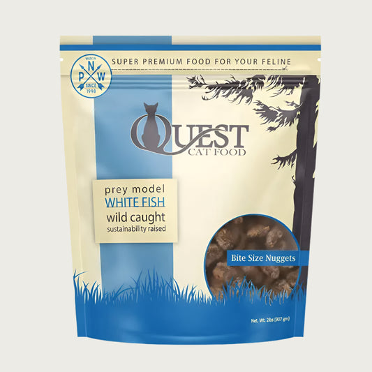 A 2 pound bag of Quest frozen raw cat food, bite size nuggets in the white fish recipe. 