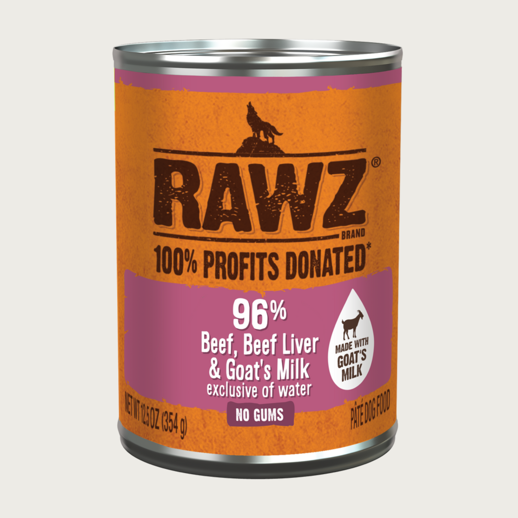 Can of RAWZ 96% Beef, Beef Liver & Goat's Milk (exclusive of water) dog food with orange and purple label. No gums. Pate dog food.