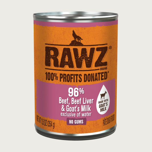 Can of RAWZ 96% Beef, Beef Liver & Goat's Milk (exclusive of water) dog food with orange and purple label. No gums. Pate dog food.