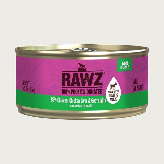 A pink 5.5 oz can with green border, of RAWZ 96% Chicken, Chicken Liver & Goat's Milk (exclusive of water) pate cat food. No gums. 100% profits donated.