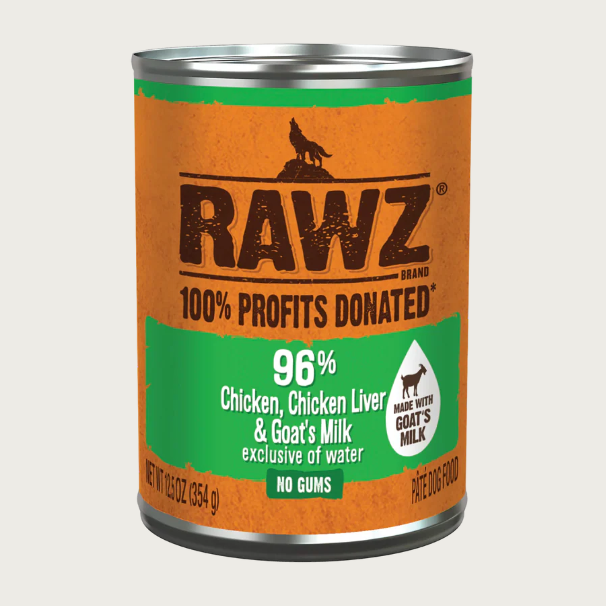Can of RAWZ 96% Chicken, Chicken Liver & Goat's Milk (exclusive of water) dog food with orange and green label. No gums. Pate dog food.