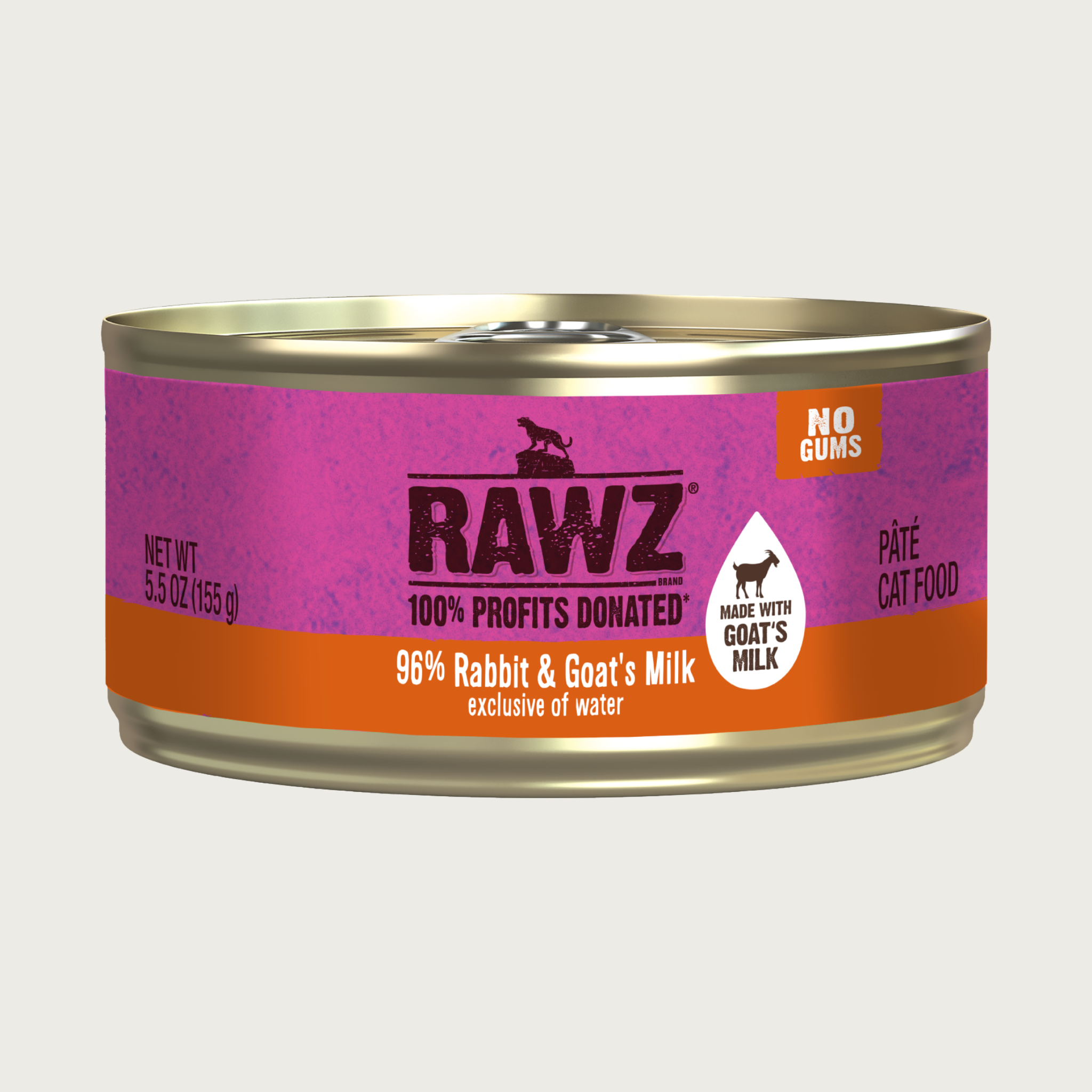 A pink 5.5 oz can with orange border, of RAWZ 96% Rabbit & Goat's Milk (exclusive of water) pate cat food. No gums. 100% profits donated.
