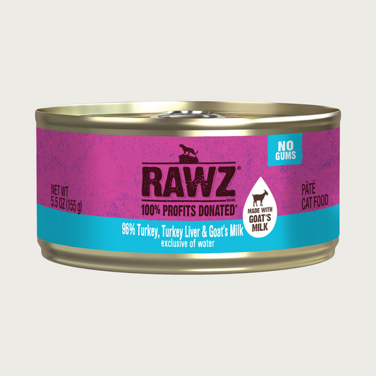 A pink 5.5 oz can with blue border, of RAWZ 96% Turkey, Turkey Liver & Goat's Milk (exclusive of water) pate cat food. No gums. 100% profits donated.