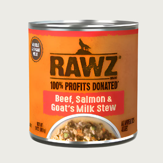 10 oz can of RAWZ Beef, Salmon & Goat's Milk Stew dog food. 100% profits donated. Muscle & organ meat, no antibiotics added. Label is orange with coral accents. Small photo at bottom shows a partial bowl of food, with crumbled meats and some green & orange vegetables.