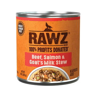 10 oz can of RAWZ Beef, Salmon & Goat's Milk Stew dog food. 100% profits donated. Muscle & organ meat, no antibiotics added. Label is orange with coral accents. Small photo at bottom shows a partial bowl of food, with crumbled meats and some green & orange vegetables.