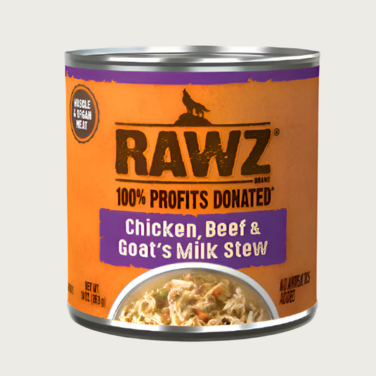 10 oz can of RAWZ Chicken, Beef & Goat's Milk Stew dog food. 100% profits donated. Muscle & organ meat, no antibiotics added. Label is orange with purple accents. Small photo at bottom shows a partial bowl of food, with shredded meats and some green & orange vegetables.