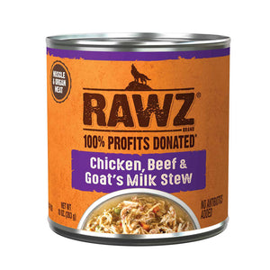 10 oz can of RAWZ Chicken, Beef & Goat's Milk Stew dog food. 100% profits donated. Muscle & organ meat, no antibiotics added. Label is orange with purple accents. Small photo at bottom shows a partial bowl of food, with shredded meats and some green & orange vegetables.