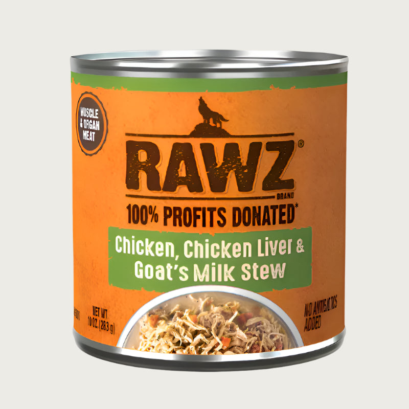 10 oz can of RAWZ Chicken, Chicken Liver & Goat's Milk Stew dog food. 100% profits donated. Muscle & organ meat, no antibiotics added. Label is orange with green accents. Small photo at bottom shows a partial bowl of food, with shredded meats and some green & orange vegetables.
