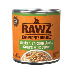 10 oz can of RAWZ Chicken, Chicken Liver & Goat's Milk Stew dog food. 100% profits donated. Muscle & organ meat, no antibiotics added. Label is orange with green accents. Small photo at bottom shows a partial bowl of food, with shredded meats and some green & orange vegetables.