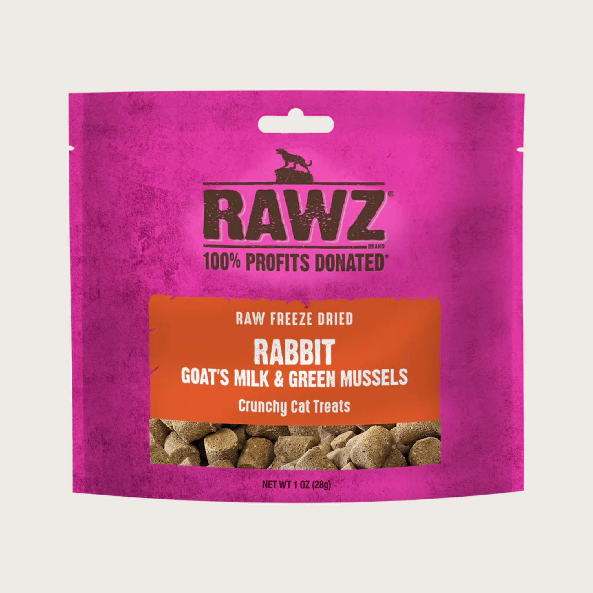 1 oz pink pouch of RAWZ Raw Freeze Dried Rabbit, Goat's Milk & Green Mussels Crunchy Cat Treats. 100% profits donated. Image at bottom of bags shows small, cylindrical shaped light brown treats.